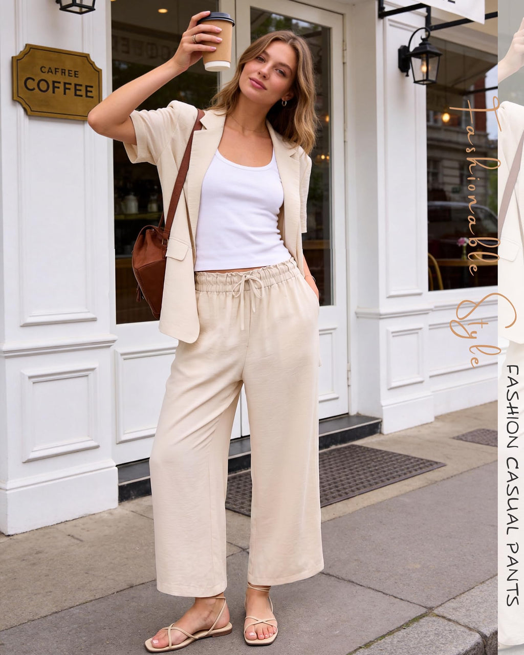 DIGIMAP Womens Cropped Casual Pants Wide Leg Palazzo Pants Elastic Waisted Flowy Trousers with Pockets Beige