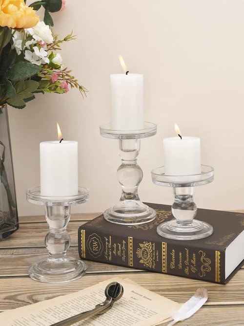 Lewondr Glass Candle Holders - Elegant 3-Piece Crystal Clear Set for Pillar & Taper Candles | Home Décor