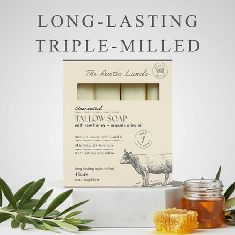 THE RUSTIC LANDS Fragrance Free Natural Tallow Soap Bars Set of 4 - Grass Fed Beef Tallow with Raw Honey & Olive Oil - USA Soap for Sensitive Skin, Moisturizing Bath & Body, 5oz Each