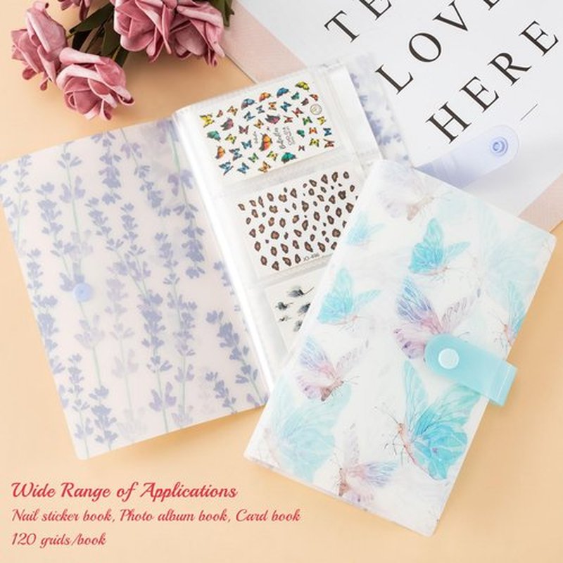 HINZIC 2PCS 240 Slots Flower Butterfly Nail Art Sticker Storage Books Purple Blue Wisteria Organizer Binders Transparent Collecting Album Photo DIY for Notebooks Diary Journal Planner