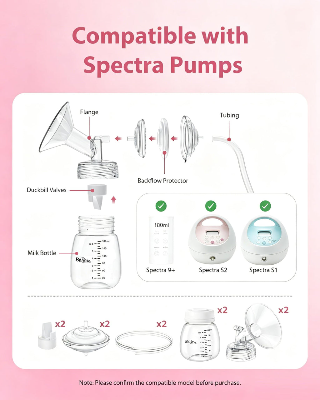 BALIME Pump Parts Compatible with Spectra S1/S2/9 Plus, Not Original Accessories, Full Set Replacements Include 24mm Flanges, Valves, Backflow Protectors (Duckbills Included), Tubings and Bottles