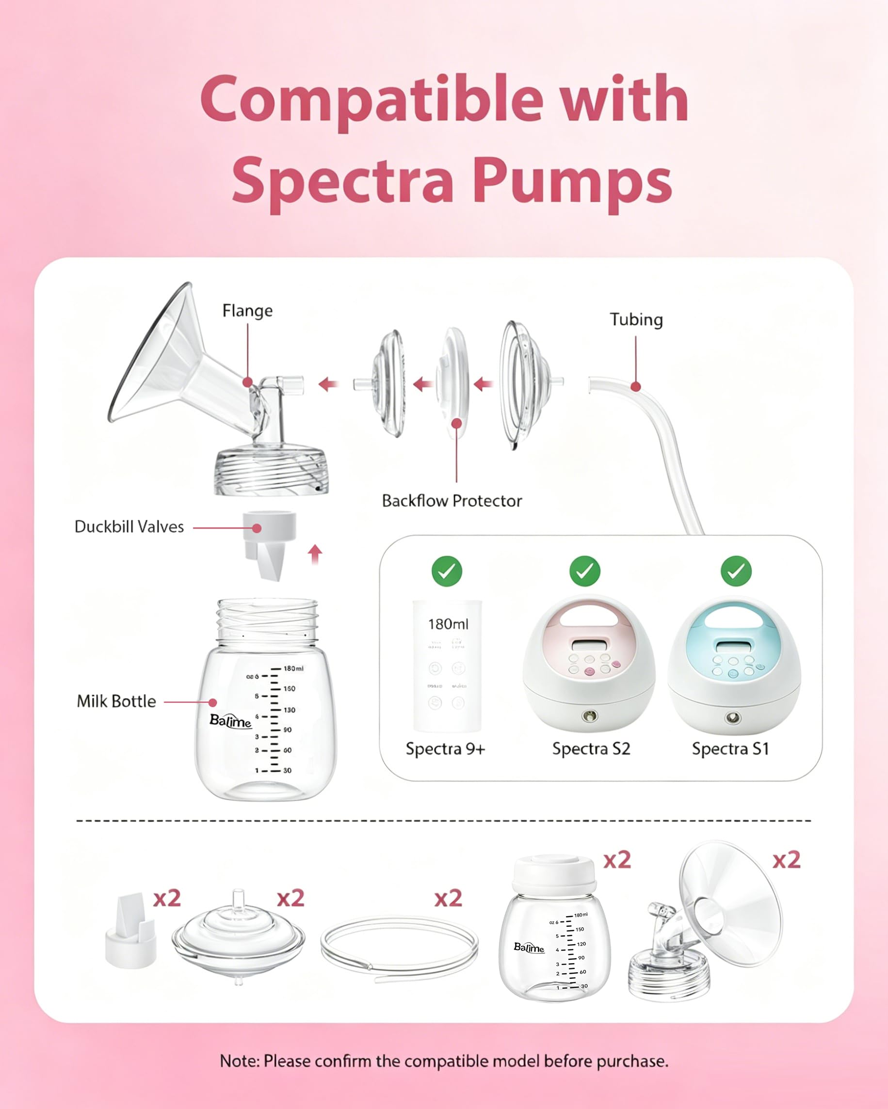 BALIME Pump Parts Compatible with Spectra S1/S2/9 Plus, Not Original Accessories, Full Set Replacements Include 24mm Flanges, Valves, Backflow Protectors (Duckbills Included), Tubings and Bottles