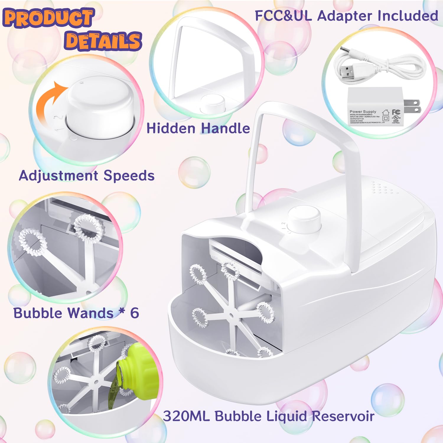 Bubble Machine, Automatic 18000+ Per Minute Big Bubbles Blower Maker for Kids Toddlers with 2 Speeds,6 Wands,Operated by Plugin or Batteries for Outdoor/Indoor Birthday Parties,Wedding (White)