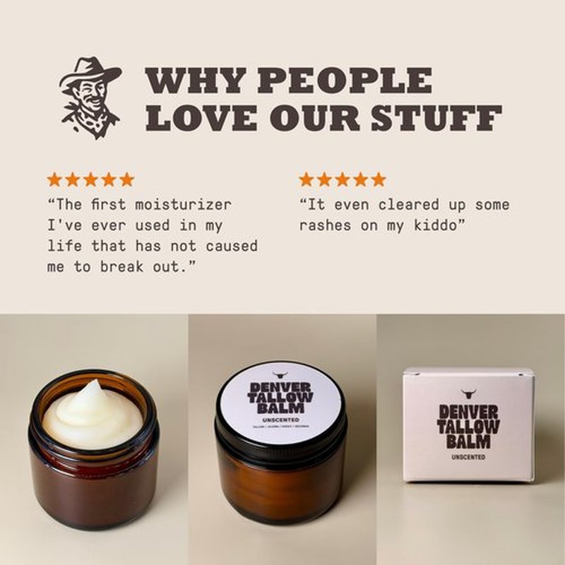 Denver Tallow Balm - Unscented - Grass Fed Beef Tallow, Organic Jojoba Oil, Raw Honey, Raw Beeswax