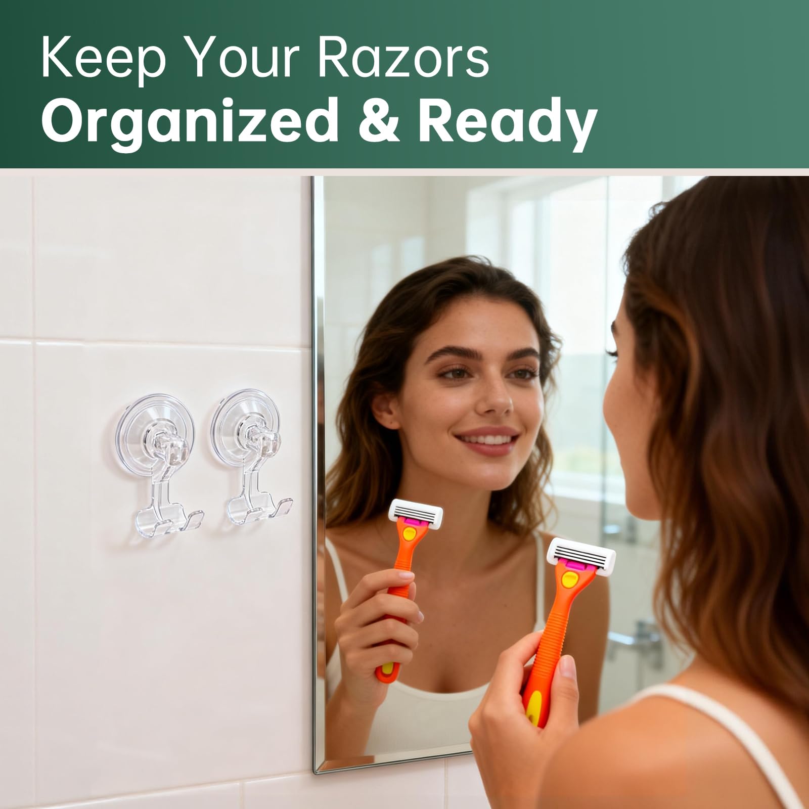 Piszvbej 2 Pack Razor Holder Compatible with Billie, Shower Razor Holder for Wall, Powerful Suction Cup Shower Hooks, Damage-Free Wall Hooks, Removable, Easy to Install and Reuse, Clear