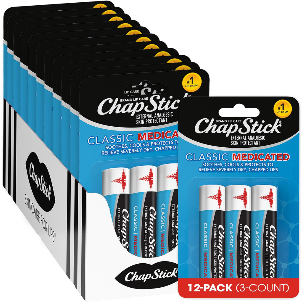 ChapStick Bulk Medicated Lip Balm 12-Pack – External Analgesic, Skin Protectant for Dry Lips & Cold Sore Pain Relief, 0.15 Oz Ea