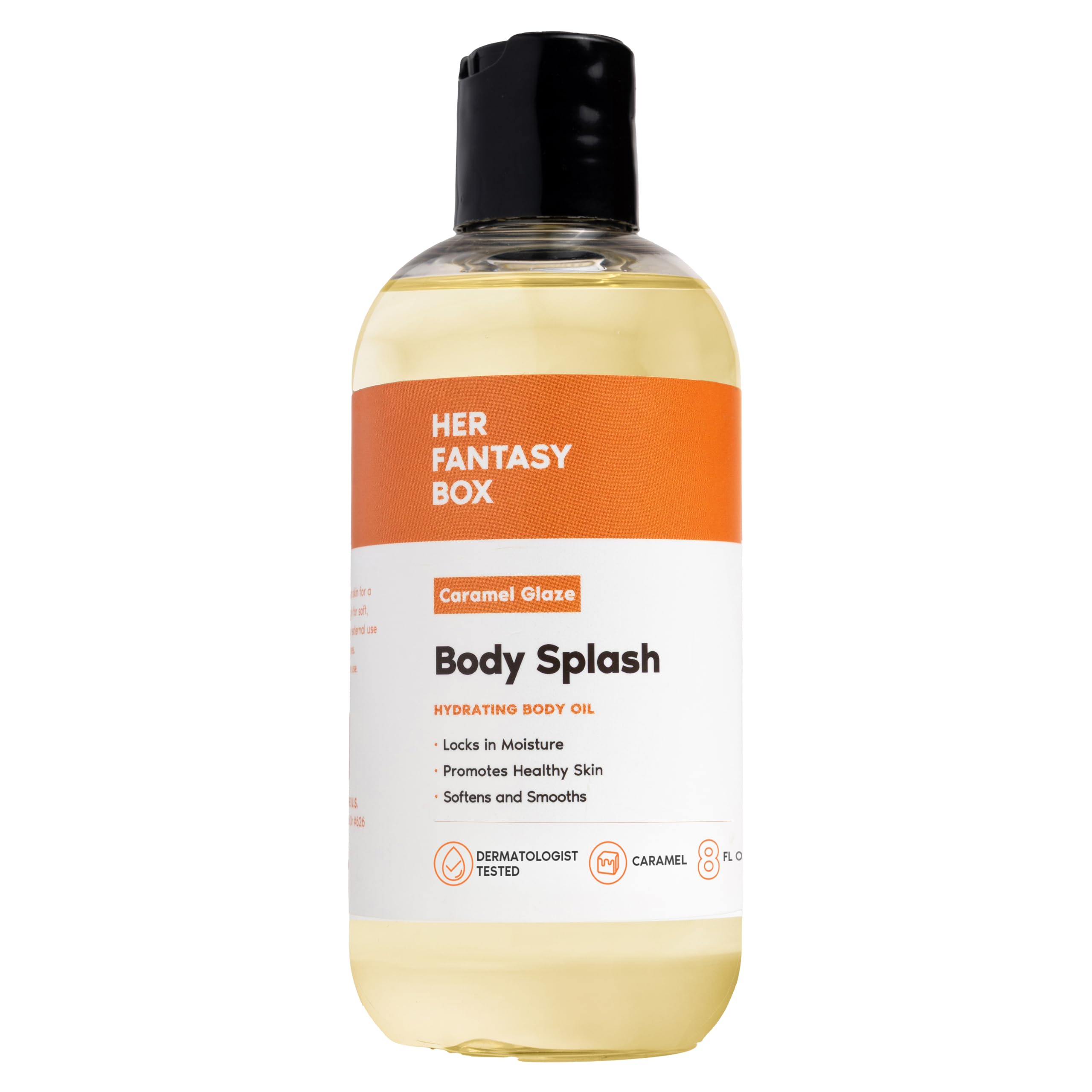Her Fantasy Box | Body Splash Caramel Glaze Fragrance Oil – Warm Caramel & Vanilla Gourmand Scent, Lightweight Hydrating Body Oil, Vegan & Cruelty Free