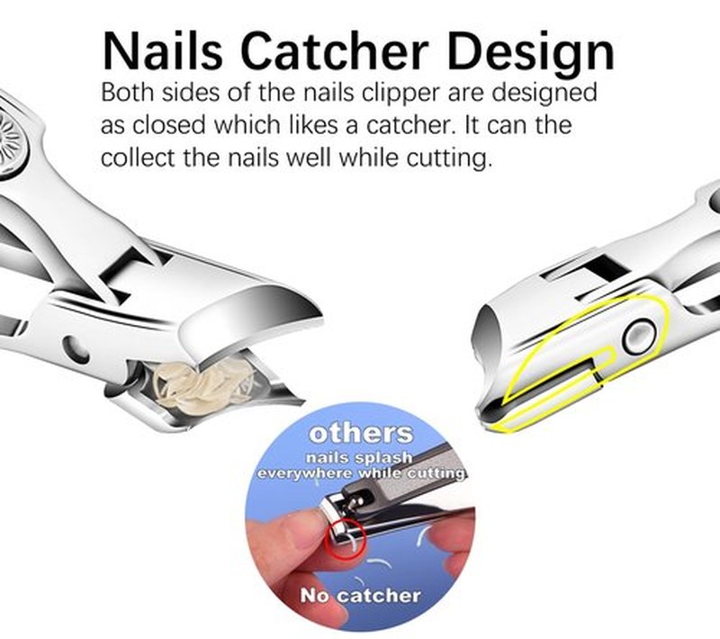 Premium Silver Anti-Splash Stainless Steel Safety Lock Nail Clipper with Catcher for Fingernails and Toenails (Slanted Edge)