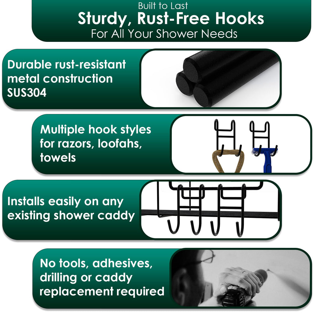Jovware Shower Caddy Hooks, Razor Hanger for Shelf and Loofah (Black - 1 Closed 1 Open)