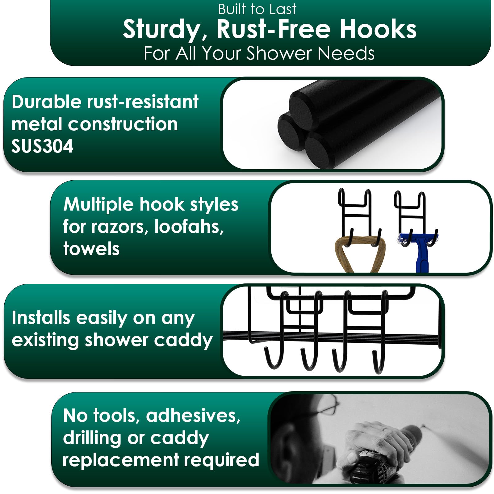 Jovware Shower Caddy Hooks, Razor Hanger for Shelf and Loofah (Black - 1 Closed 1 Open)