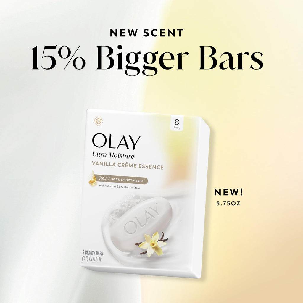 Olay Beauty Bar, Ultra Moisture,10x More Moisturizers, 24/7 Soft & Smooth Skin, Gentle Cleanse on Face & Body, Vitamin B3 Complex, For All Skin Types, Vanilla Crème Scent, 3.75 oz, (Pack of 8)