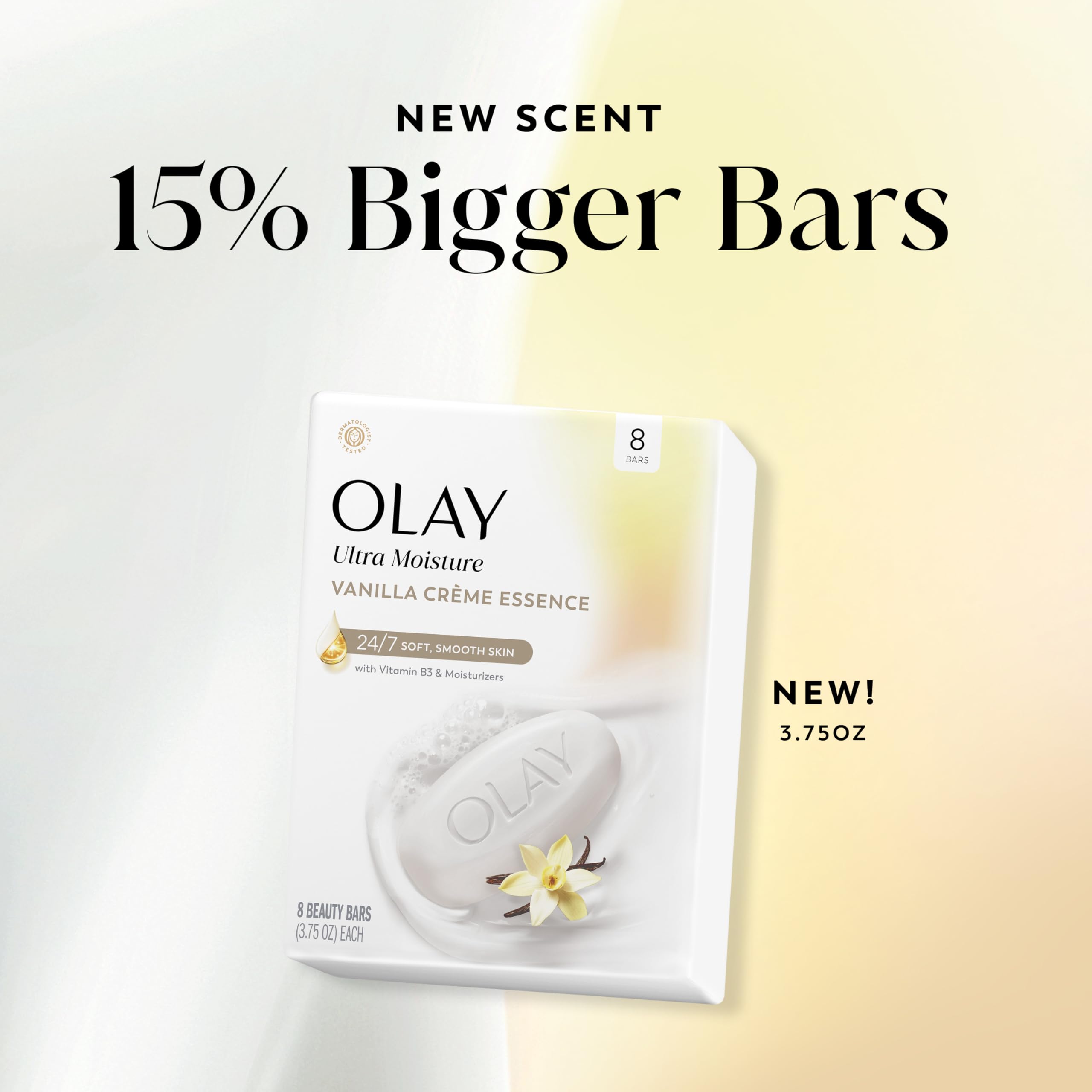 Olay Beauty Bar, Ultra Moisture,10x More Moisturizers, 24/7 Soft & Smooth Skin, Gentle Cleanse on Face & Body, Vitamin B3 Complex, For All Skin Types, Vanilla Crème Scent, 3.75 oz, (Pack of 8)