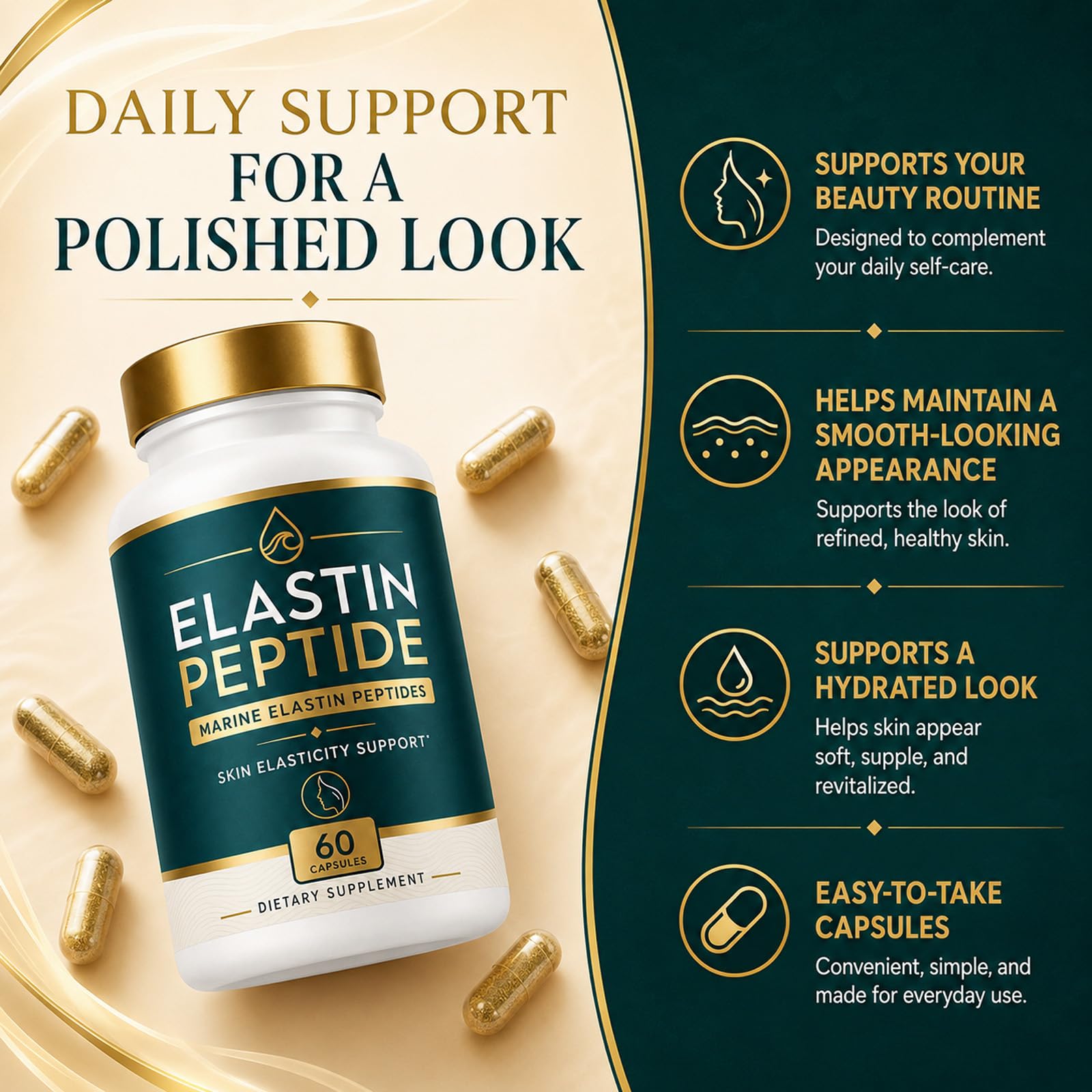Elastin Peptide Skin Tightening 𝐒𝐮𝐩𝐩𝐥𝐞𝐦𝐞𝐧𝐭, Skin Elasticity, Easy Daily Routine, 60 Count