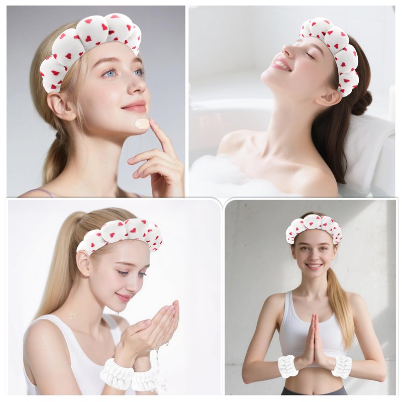 Zkptops Spa Headband for Washing Face Wristband Set Sponge Makeup Skincare Velvet Fabric Bubble Soft Get Ready Hairbands for Women Puffy Headwear Non Slip Thick Thin Hair Accessory (Red Heart)