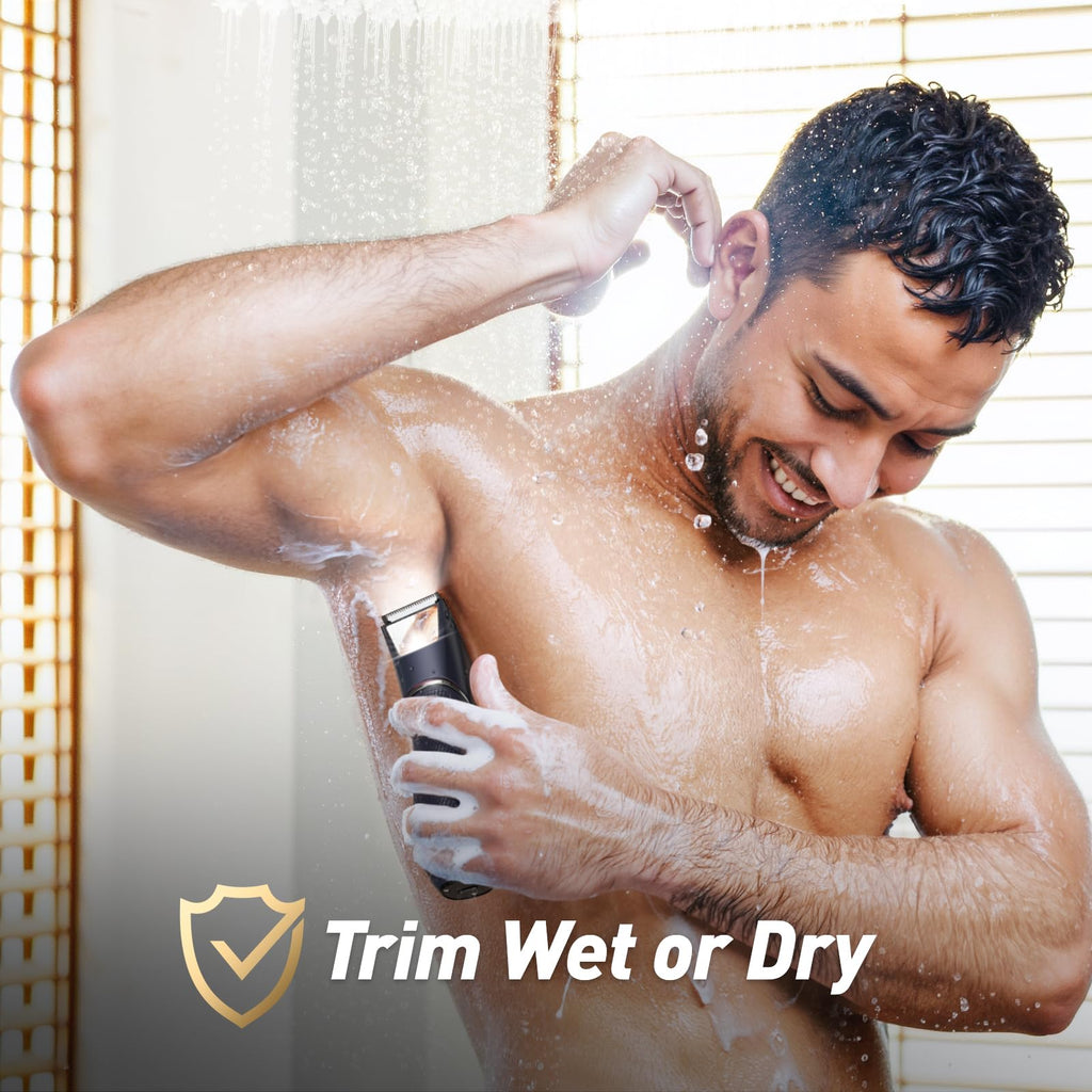 Body Hair Trimmer for Men: Pubic Hair Trimmer with Mirror & LED Light - Electric Ball Shavers with Ceramic Blades & Travel Lock - Body Groomer IPX7 Wet or Dry Use for Groin/Legs