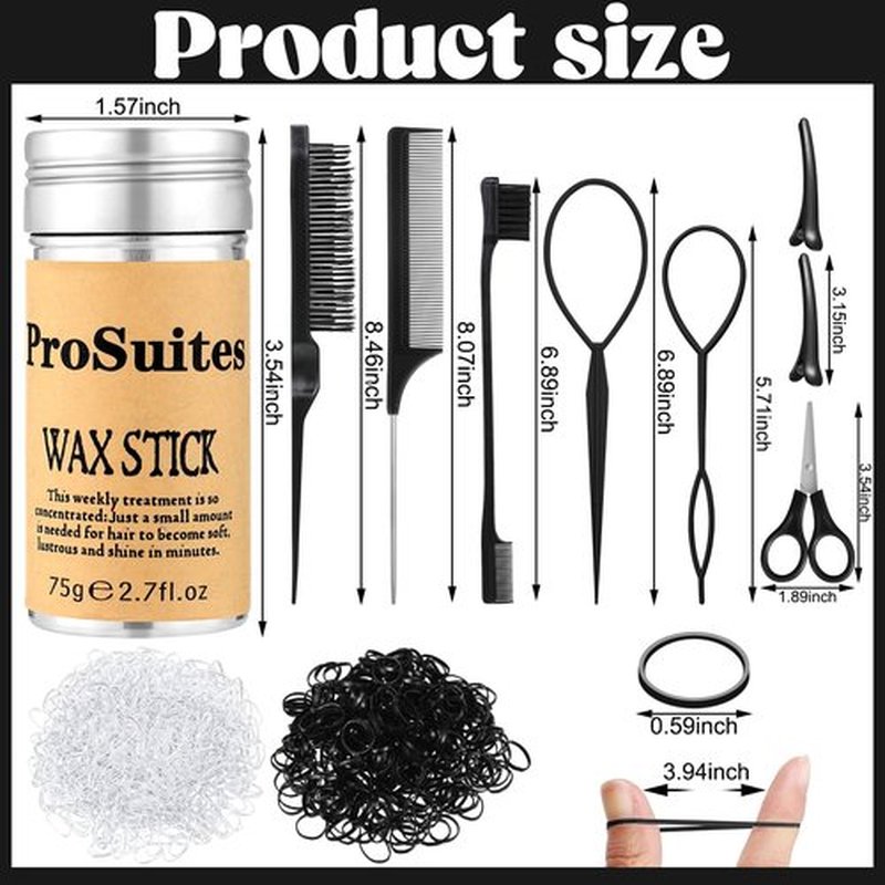 Slick Back Hair Brush with 1000pcs Hair Rubber Bands,Hair Wax Stick,Elastic Hair Ties,Rat Tail Comb for Women, Men and All,Curly Hair,Straight Hair