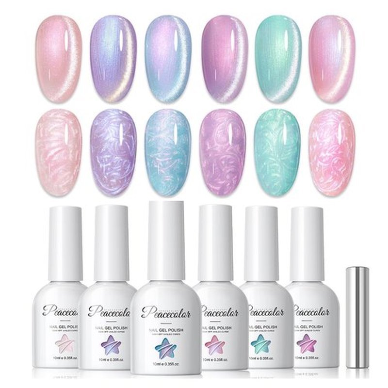 PEACECOLOR Cateye Gel Polish Shimmer Pearl Nail Polish with Magnet 6 Colors Spring Cat Eye Magnetic Nail Polish Iridescent Chrome Mermaid Drawing Swirl Shell Thread Effect Valentines Day Gifts