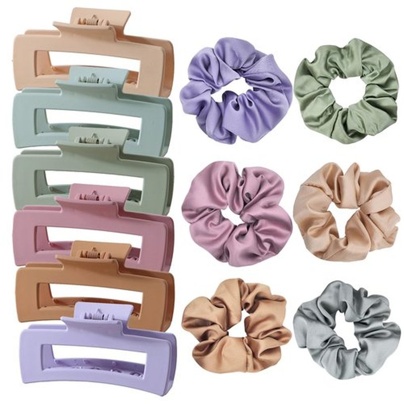 12Pack Hair Clips and Satin Scrunchies for Women Set Hair Bands Matte Flat Claw Clips for Women and Girls Hair Ties no Damage Hair Accessories