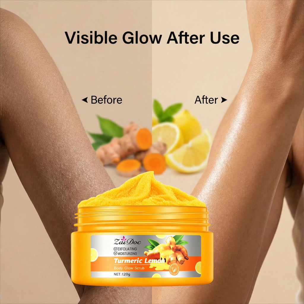 ZaiDoc Turmeric Lemon Sugar Body Scrub, Natural Exfoliating Body with Aloe, Coconut Oil & Hyaluronic Acid, Moisturizing Skin Smoothing Scrub, Gentle Plant-Based Exfoliator for Daily Body Care, 4.2oz