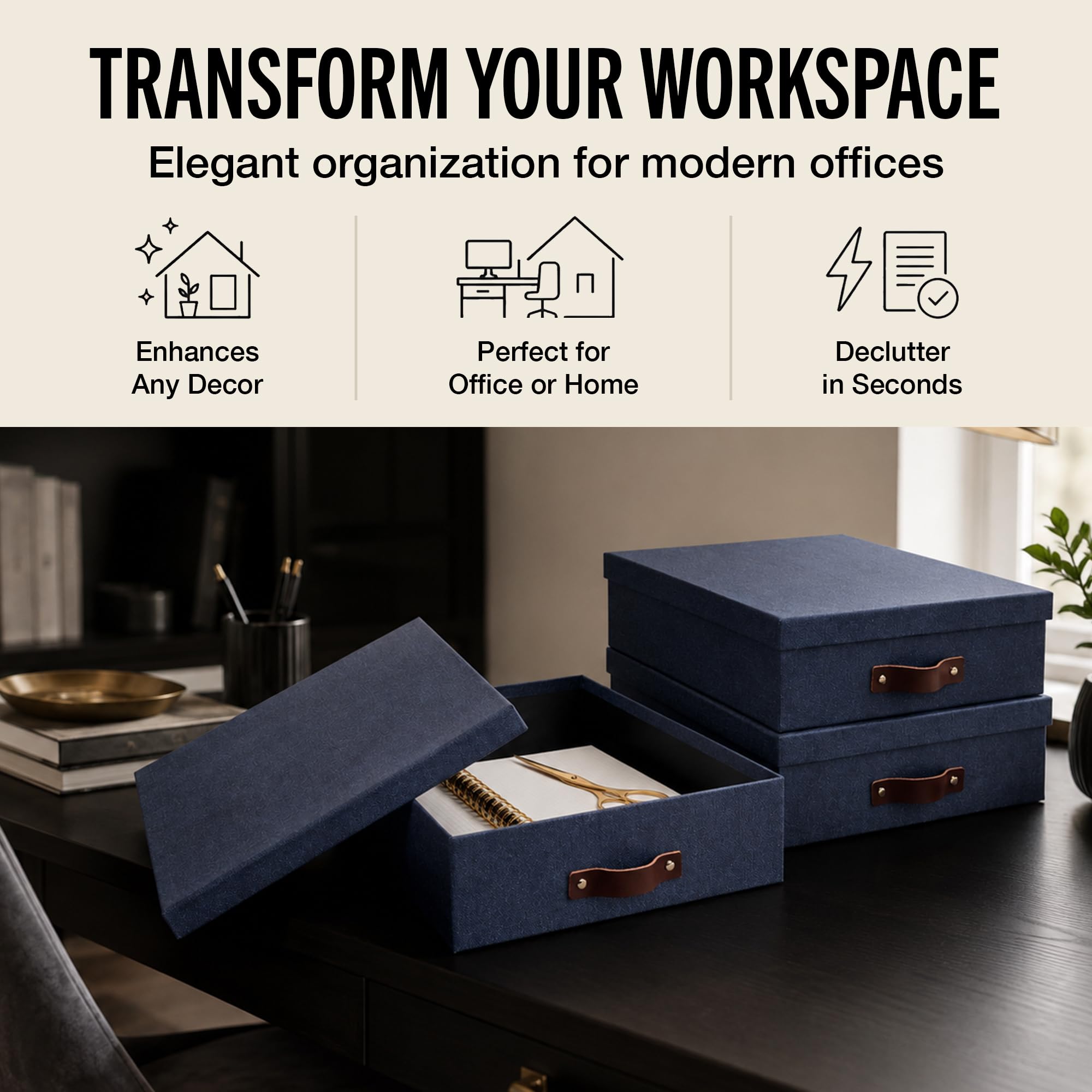 Bigso Oskar Canvas Fiberboard Document Letter Box - File Organizer Box for Important Paperwork - Document Storage with a Lid & Leather Handle - 3.3 in x 10.2 in x 13.8 in - Blue