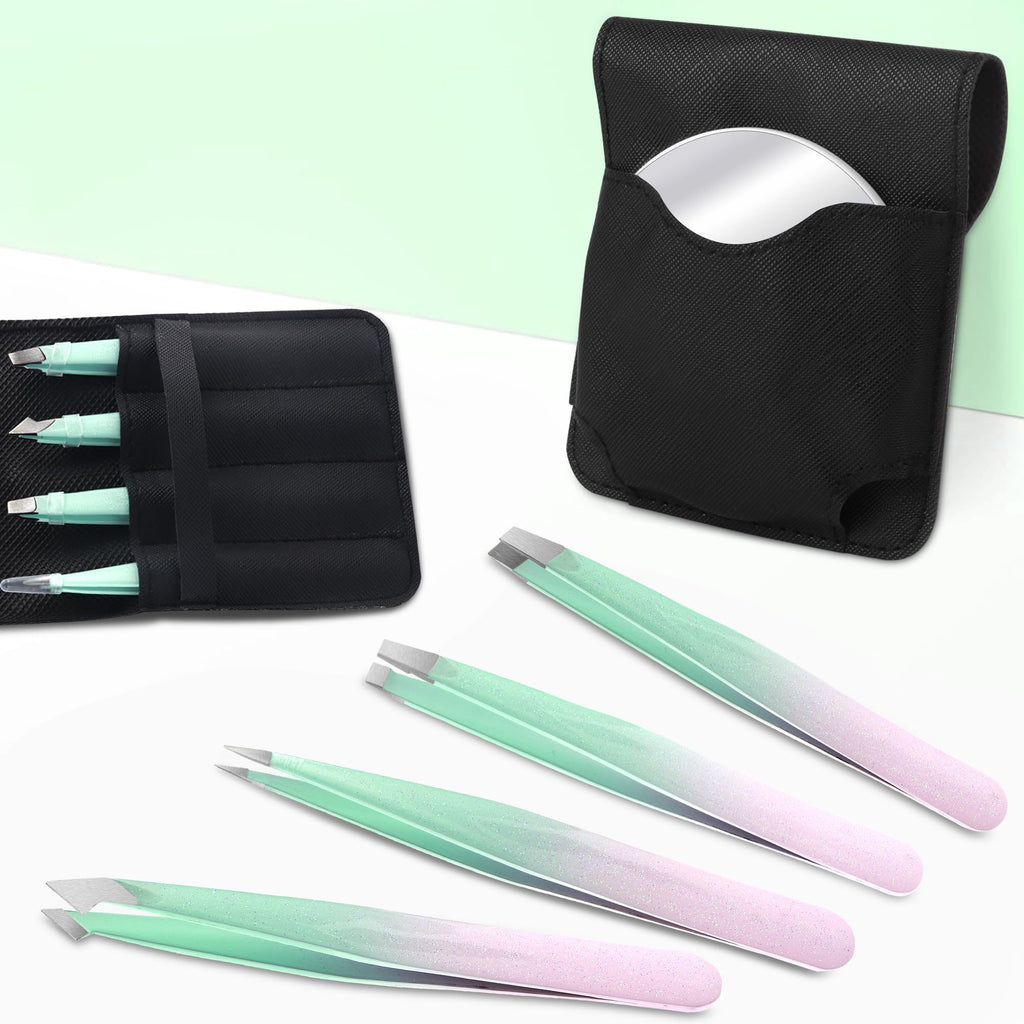 Tweezers and 10X Magnifying Mirror Kit with Travel Leather Case, Eyebrow Tweezer Set for Women & Men, Great Precision for Facial Hair, Splinter and Ingrown Hair Removal - Golden Green