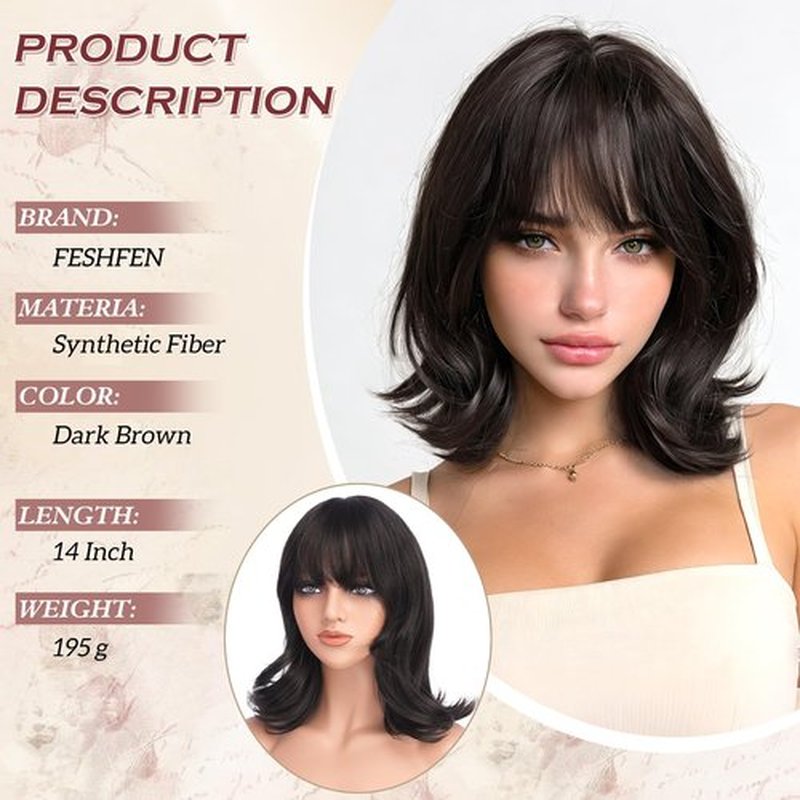 FESHFEN Shoulder Length Bob Wigs with Bangs for Women - Dark Brown Natural Layered Wavy Synthetic Wig For Daily Party Costume Use 14 Inch