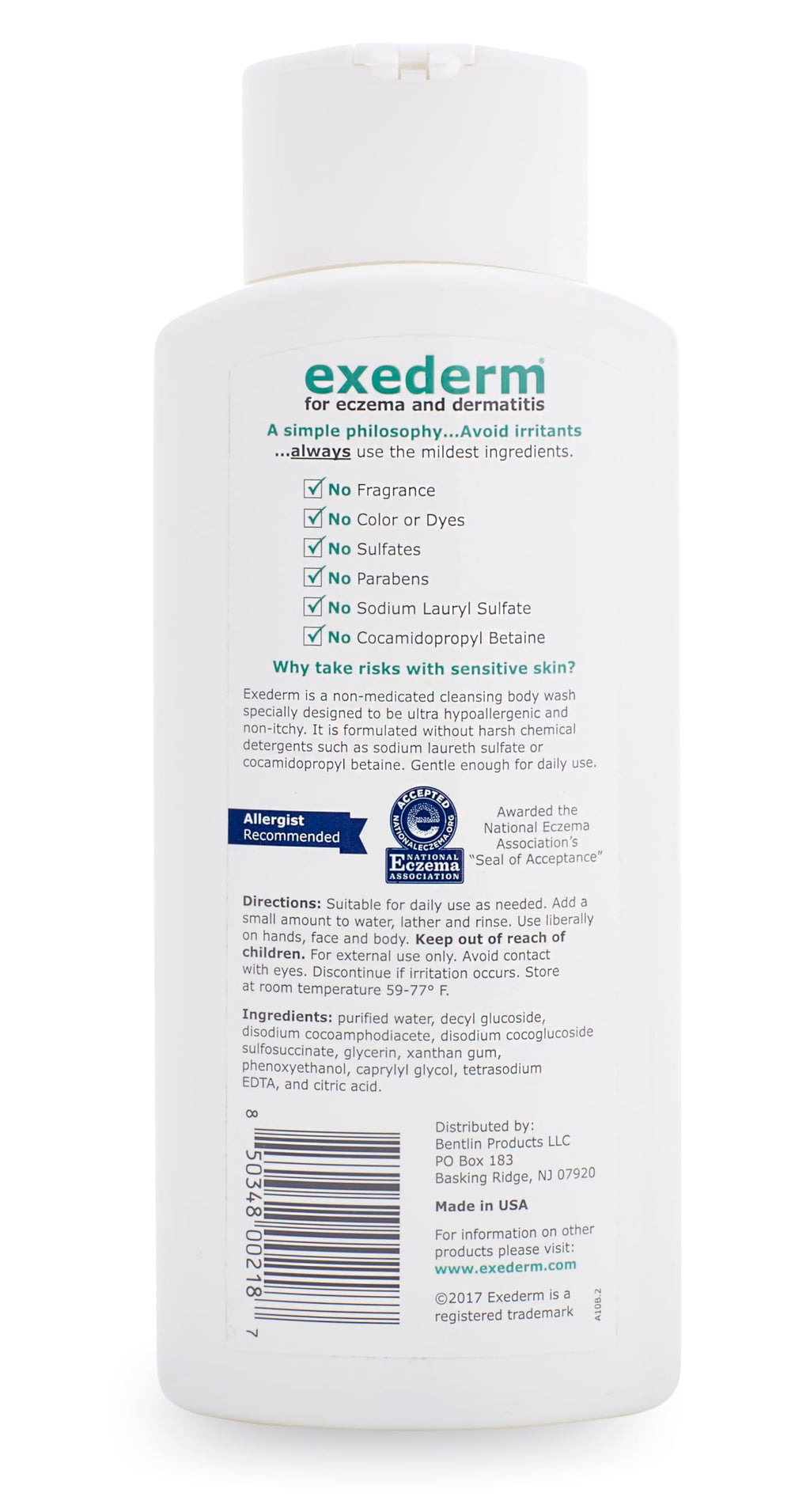 Exederm Body Wash for Eczema & Dermatitis, 12 Fl Oz, Ultra Sensitive Non-Irritating Bodywash, Gentle, Moisturizing Anti-Itch Cleanser for Red, Itchy, Dry Skin, Hypoallergenic, Sulfate & Paraben Free