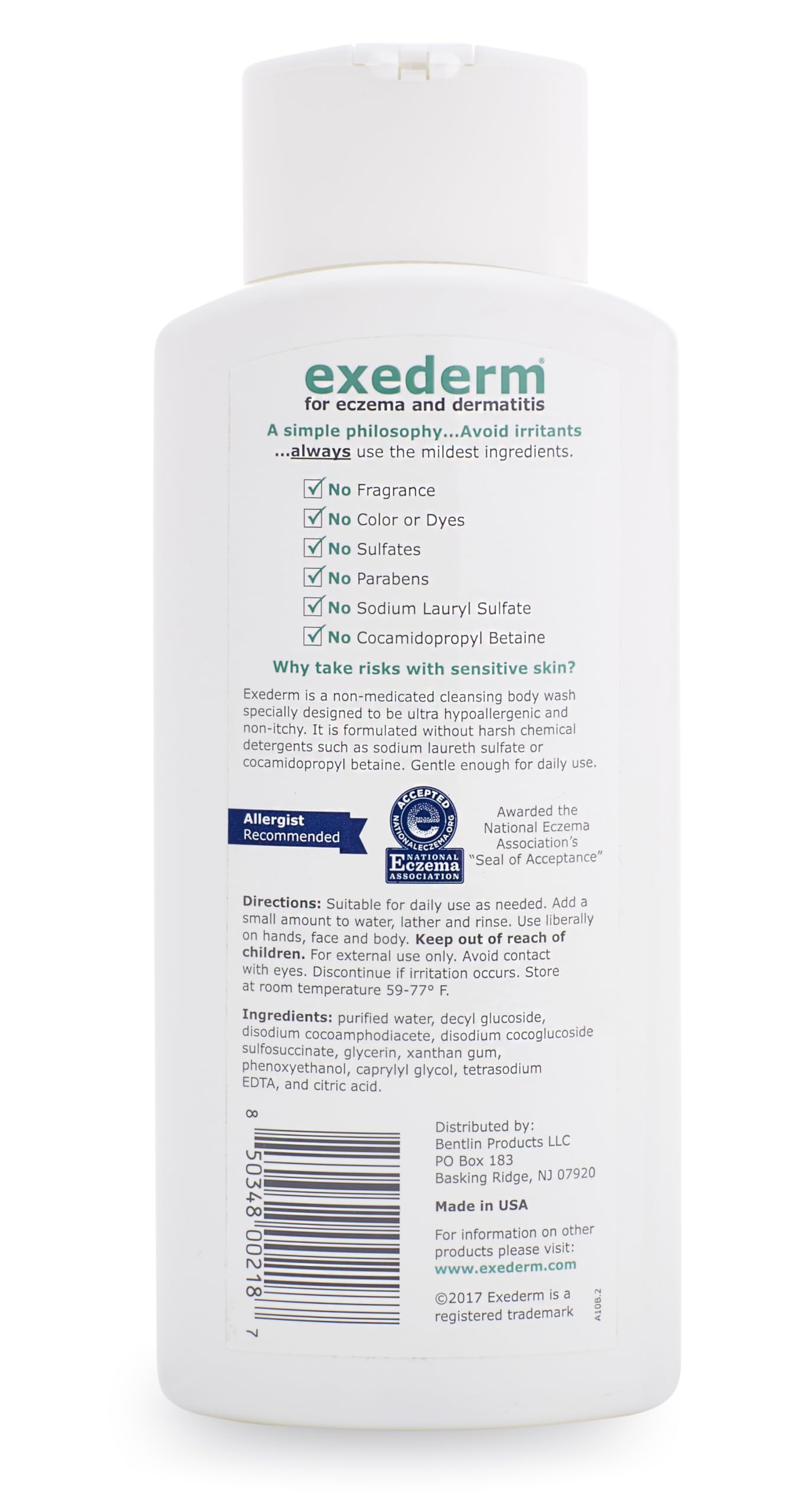 Exederm Body Wash for Eczema & Dermatitis, 12 Fl Oz, Ultra Sensitive Non-Irritating Bodywash, Gentle, Moisturizing Anti-Itch Cleanser for Red, Itchy, Dry Skin, Hypoallergenic, Sulfate & Paraben Free