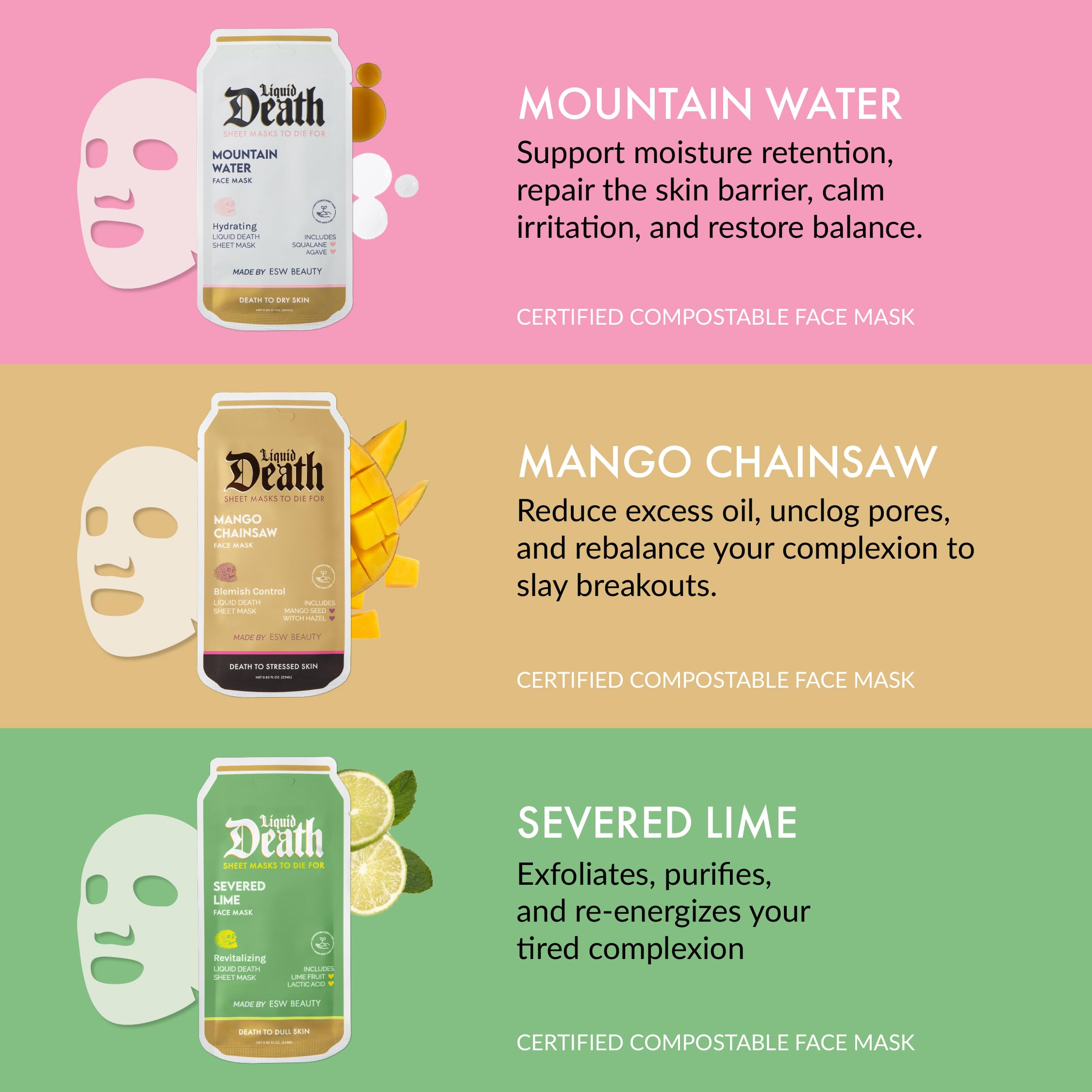 ESW Beauty Liquid Death x Face Mask Set (3-Pack) - Face Masks for Hydrating, Revitalizing & Clarifying Skin – Includes Mountain Water, Severed Lime & Mango Chainsaw – Skincare Gifts for Women
