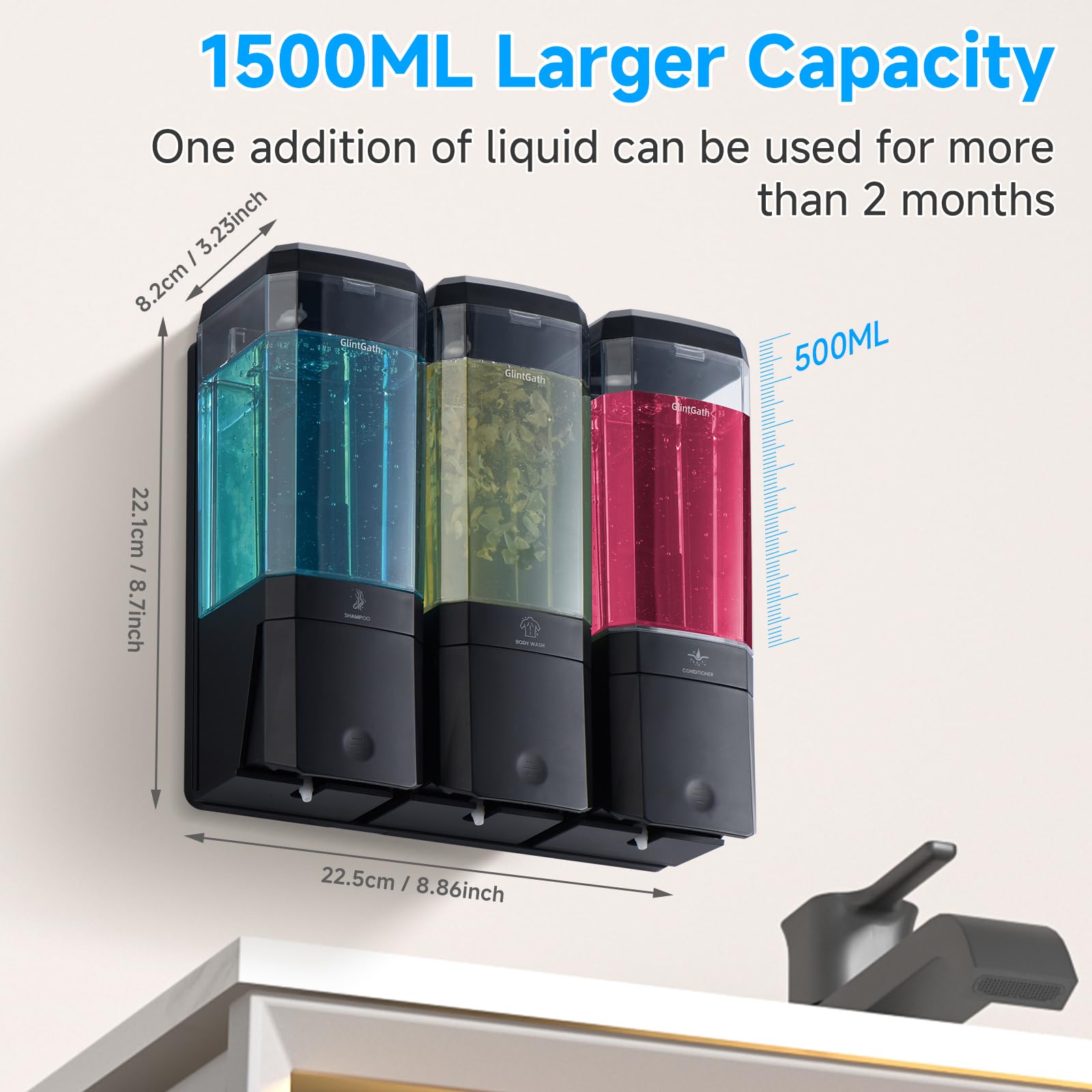 Shampoo and Conditioner Dispenser,GlintGath Shower Dispenser 3 Chamber No Drill Shampoo Dispenser for Shower Wall Mounted Shower Soap Dispenser for Bathroom Hotel,Large Capacity 3 * 500ML, Black