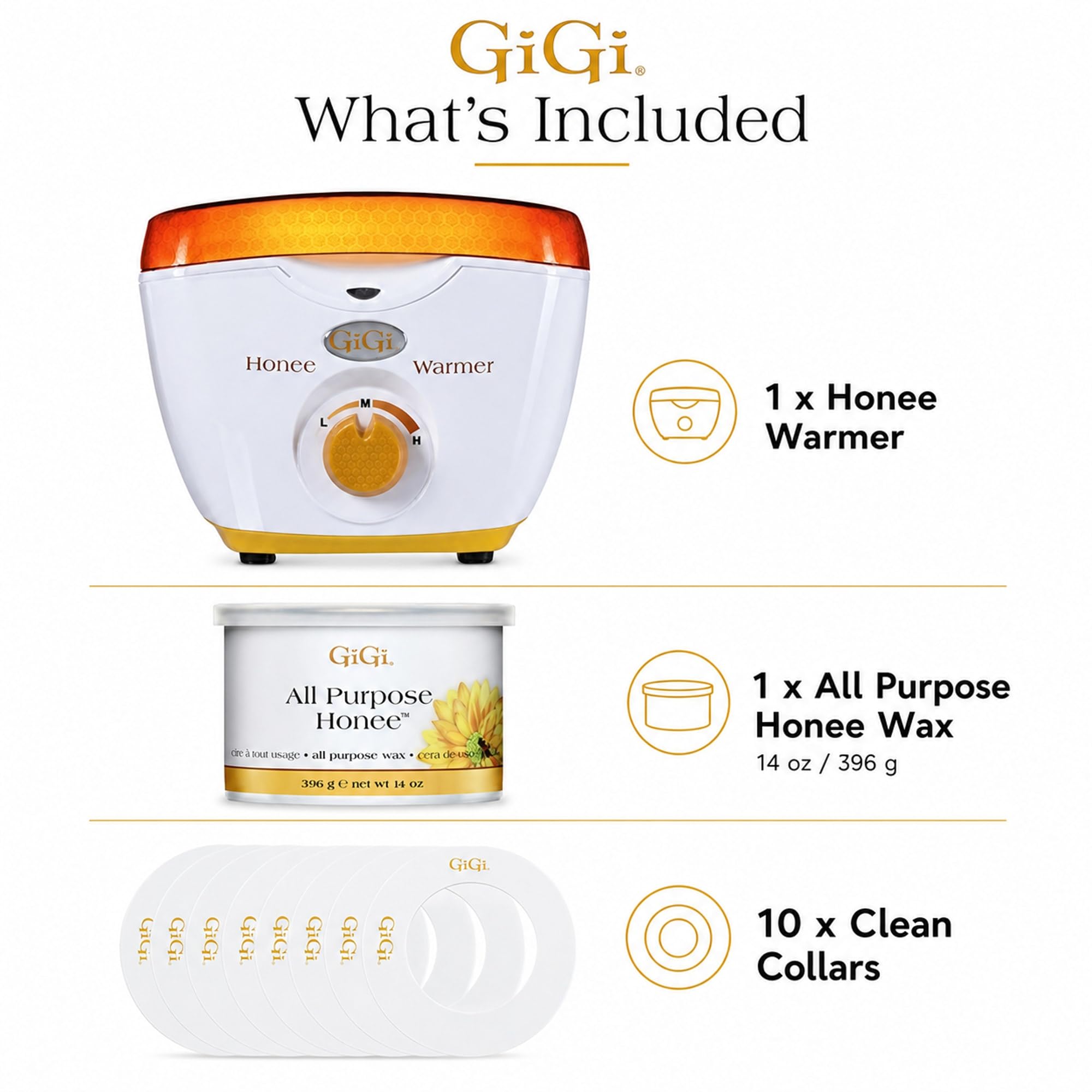 GiGi Wax Warmer for Hair Removal, Face and Body Depilatory Kit with All-Purpose Honee Wax and 10 Collars, Adjustable Temperature, 14 oz