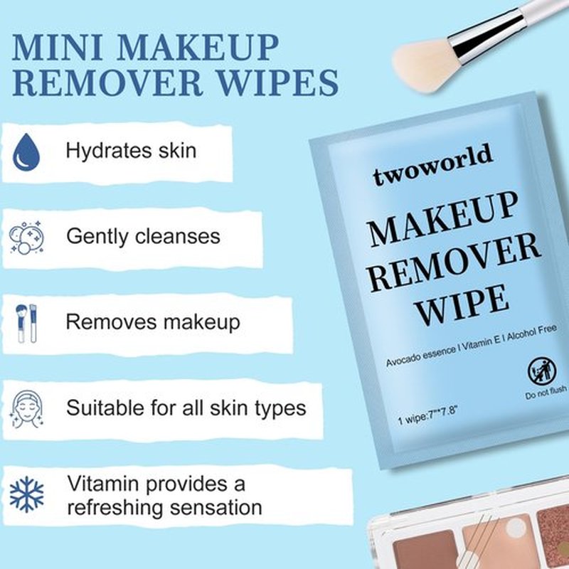Twoworld Makeup Remover Wipes Bulk Individually Wrapped,Travel Makeup Wipes Gentle for Face Cleansing Mascara Lipstick Travel Hotel(Cucumber,Pack of 50)