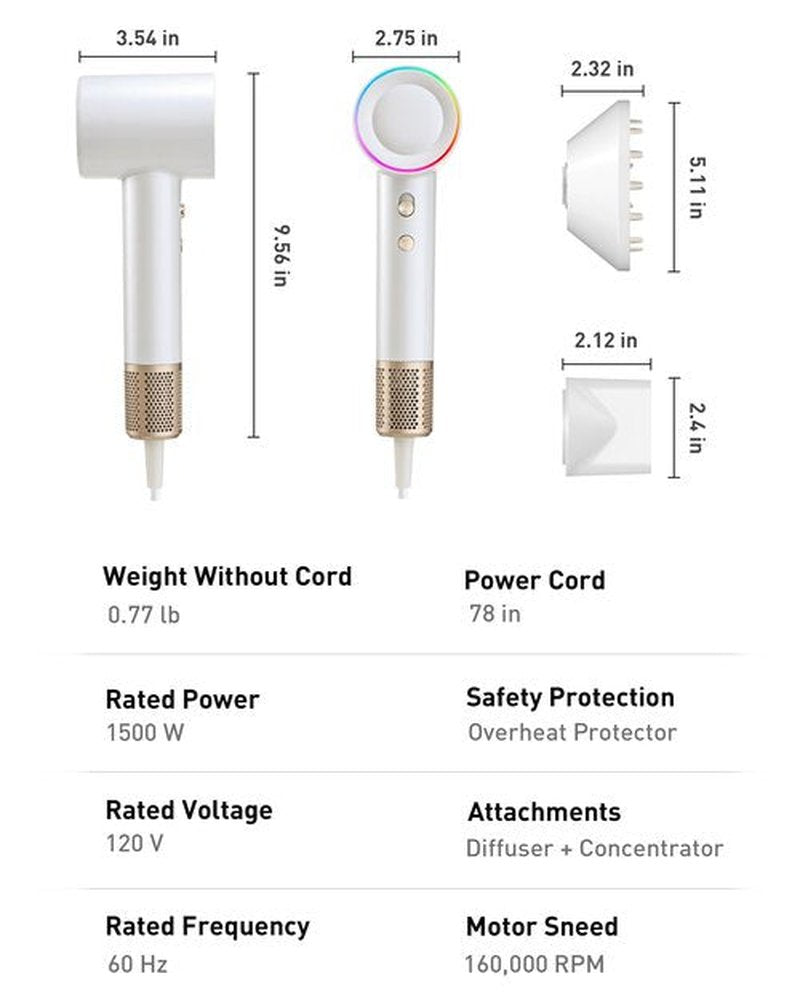 High-Speed Hair Dryer, 160,000 RPM Brushless Motor for Ultra-Fast Drying, 500M Ionic Negative for Frizz Reduce, Low Noise Thermo-Control Blow Dryer with Diffuser for Curly Hair Women and Men, White
