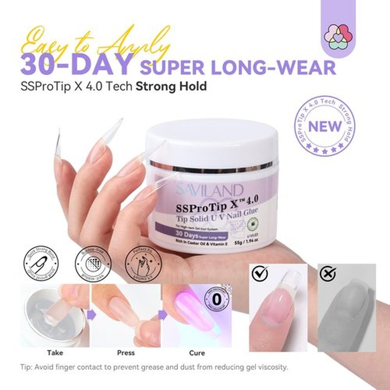 SAVILAND Solid Nail Glue Gel 55g: 30-Days Long Last Gel Nail Glue for Soft X Nail Gel Tips Clear Extra-Strong Hold for Nail Tips UV Cured Home DIY Manicure