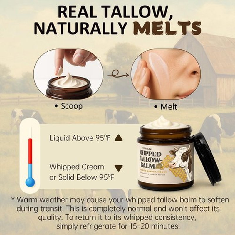 Roseblem Whipped Tallow Balm for Face – 100% Grass-Fed Organic Beef Tallow Cream with Manuka Honey & Beeswax – Body & Face Moisturizer for Sensitive Skin, Nourishing & Repairing, 4.2 oz