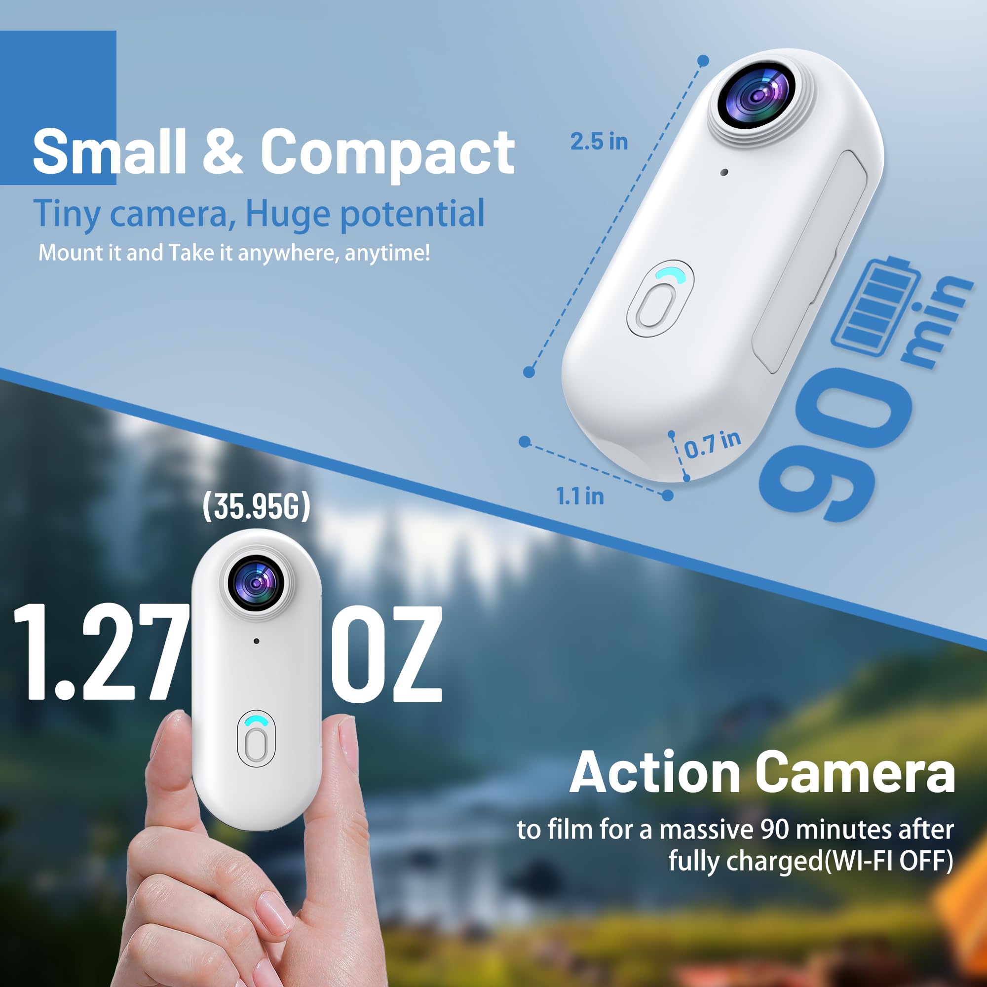 4K Mini WiFi Action POV Camera 128GB Thumb Portable Body Cam Wearable Video Recorder with IPX7 Waterproof Camcorder, Helmet Mount, Magnetic,Pocket Sport DV for Bike Cycling, Pet, Vlogging(White)