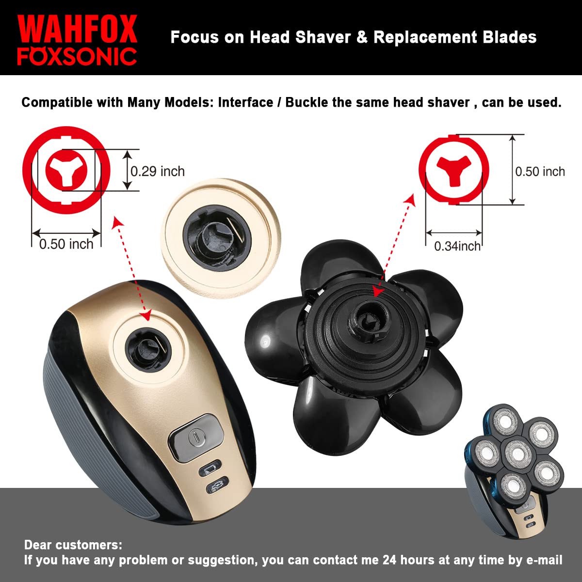 FOXSONIC Universal 6 Blades Replacement Heads for Mainstream shaver brands, 5 Blades Head Shaver Replacement Blades, Head shaver Bald Shaver replacement heads With Blade Cover Shaver Head (6 Black)