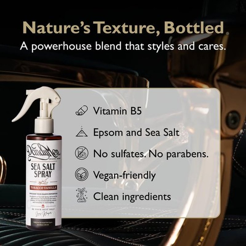DandyMen Sea Salt Spray for Men – Lightweight Texture, Volume, and Flexible Hold Hair Texture Spray with Epsom Salt & Pro-Vitamin B5 (8.45 oz, Tobacco Vanilla)
