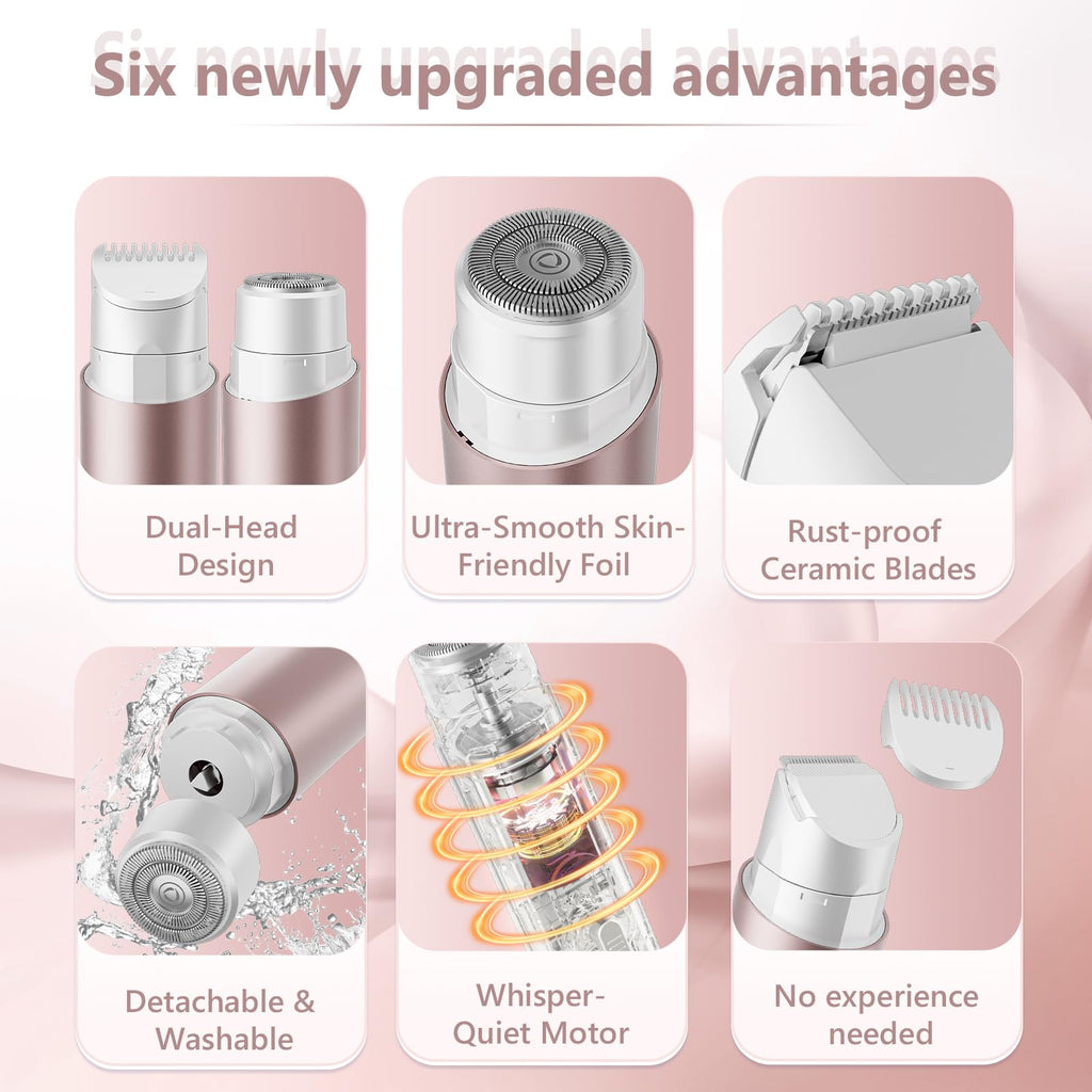 Women's Bikini Trimmers, Dual Head Cordless Body & Face Hair Electric Shaver, IPX8 Waterproof Wet & Dry Razor for Legs, Underarms & Sensitive Skin – Rose Pink