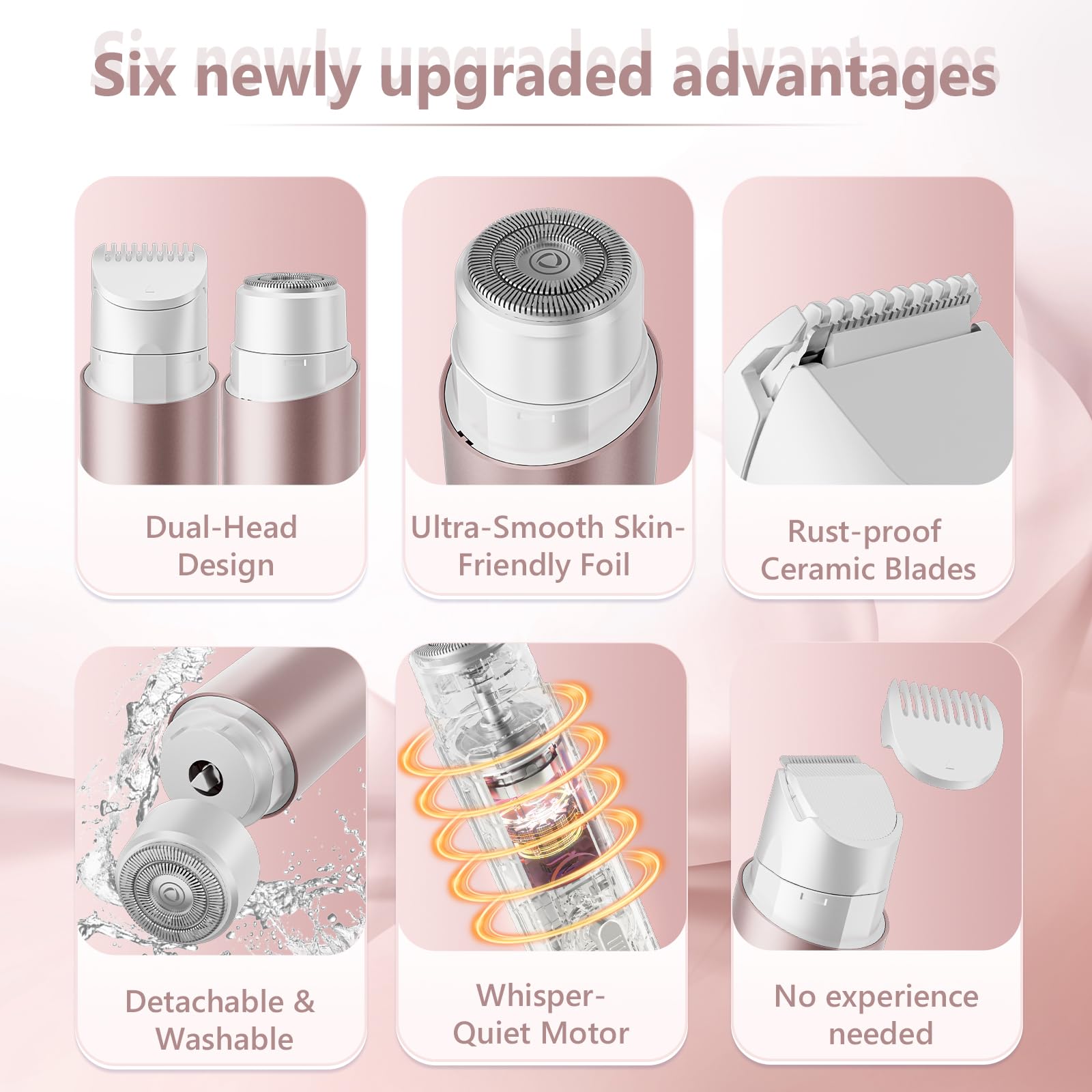 Women's Bikini Trimmers, Dual Head Cordless Body & Face Hair Electric Shaver, IPX8 Waterproof Wet & Dry Razor for Legs, Underarms & Sensitive Skin – Rose Pink