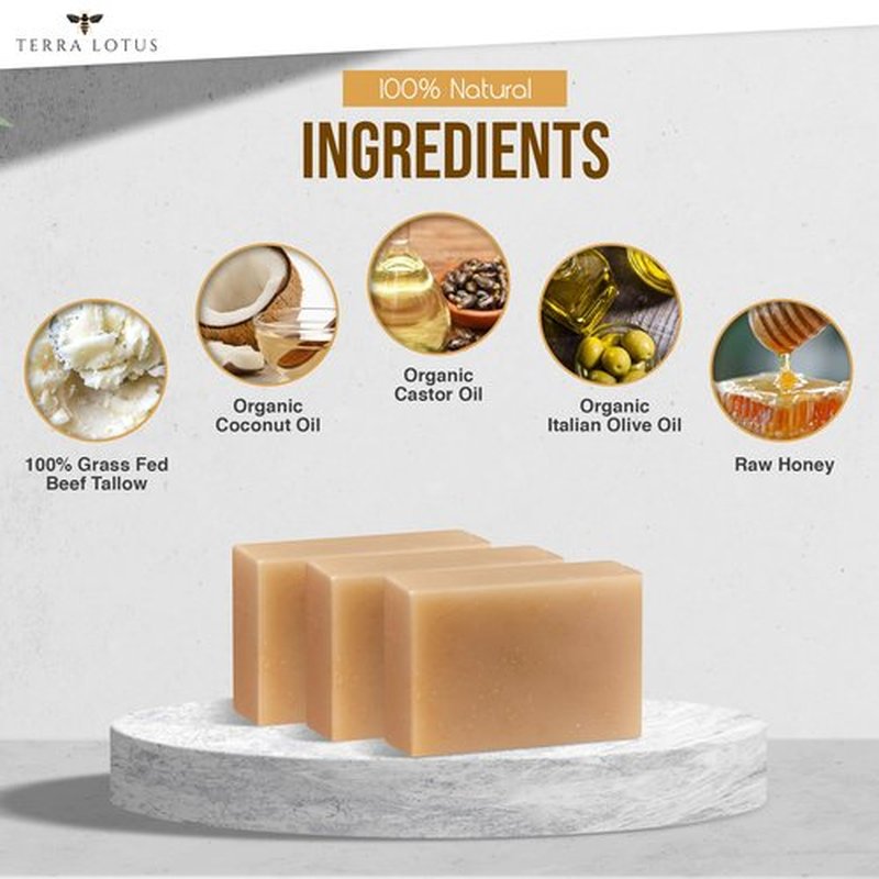 Terra Lotus - Organic Tallow Soap with Organic Castor Oil & Raw Honey - Relief for Dark Spots, Acne Marks, Hydrating & Nourishing - 3 Pack (Unscented)