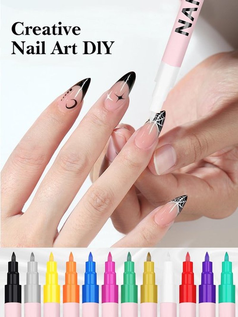 EBANKU 12 Colors Nail Art Pens Set, 3D 0.7MM Nail Polish Pens Quick-Drying Nail Art Acrylic Paint Nail Point Dotting Liner Pen Tools for Home & Salon Nail DIY