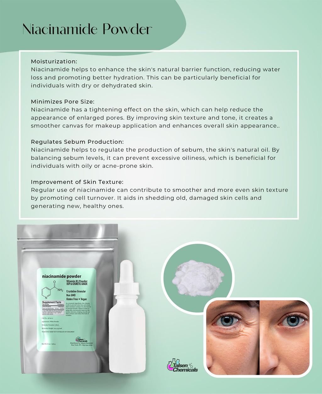 Talsen Chemicals Pure Niacinamide Powder for Skin Care (Vitamin B3) DIY Niacinamide Serum, Niacin Powder (4 Ounce / 113 Gram) Cosmetic Grade