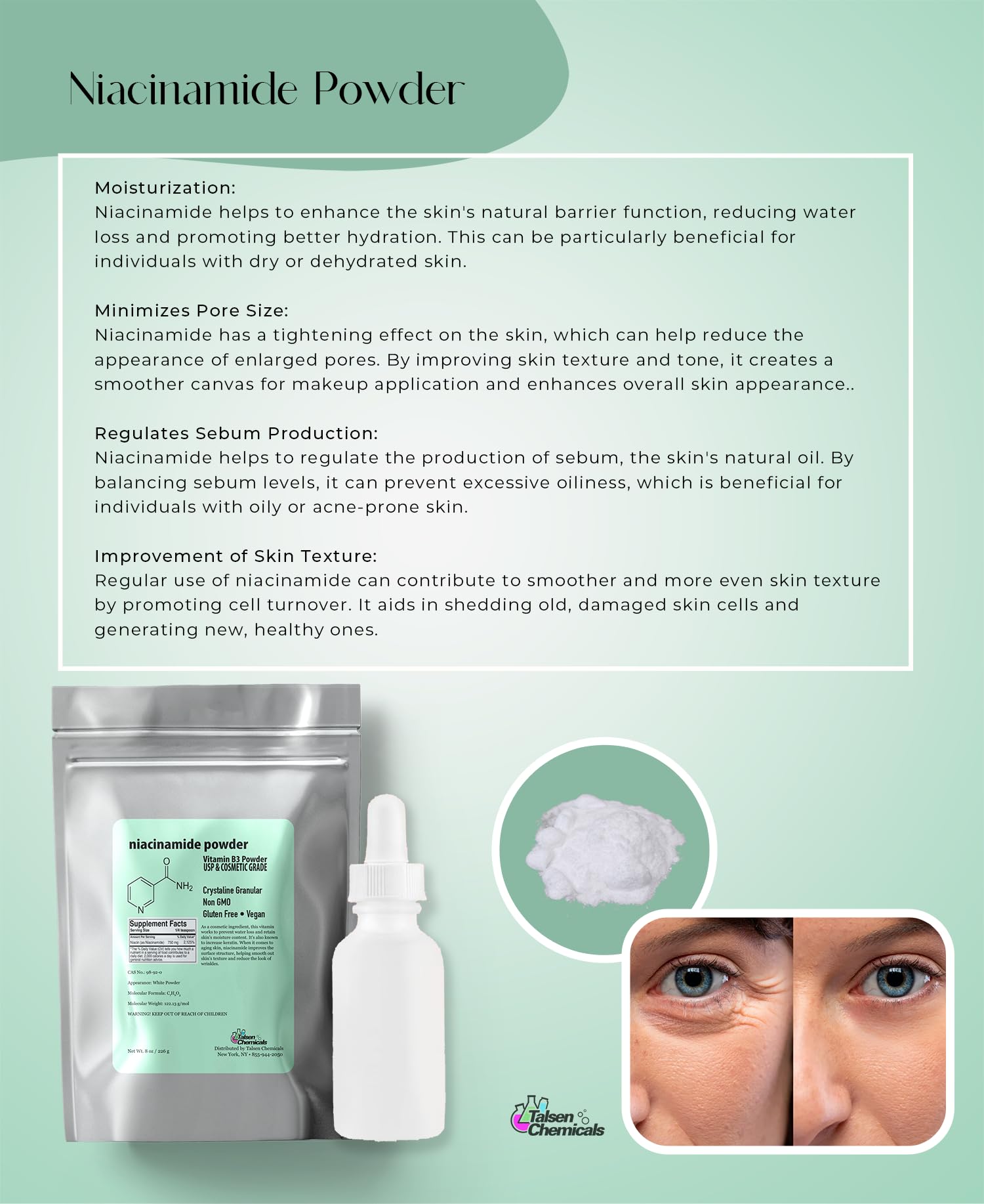 Talsen Chemicals Pure Niacinamide Powder for Skin Care (Vitamin B3) DIY Niacinamide Serum, Niacin Powder (4 Ounce / 113 Gram) Cosmetic Grade
