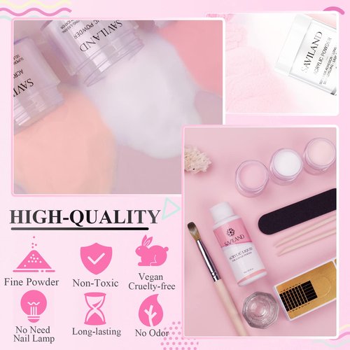 Saviland Acrylic Nail Starter Kit: Clear Pink Nude Acrylic Powder & Liquid, Brush, Files, Forms, Press On Nails, Home Practice Set