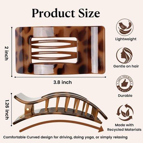 4 PCS Flat Hair Clips - French Rectangle Lay Down Claw Clips for Women Girls, Strong Hold Square Hair Accessories for Thick Thin Hair, Comfortable Curved Design for Lying, Driving and More (Tortoise)