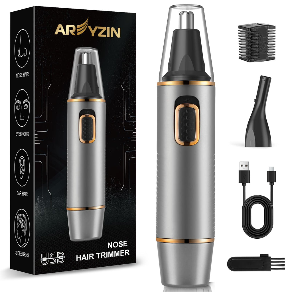AREYZIN Nose Hair Trimmer for Men,Rechargeable Ear and Nose Trimmer,2 in 1 Painless Professional Eyebrow & Facial Hair Trimmer with IPX7 Waterproof Dual Edge Blades,Wet/Dry Use(Grey)