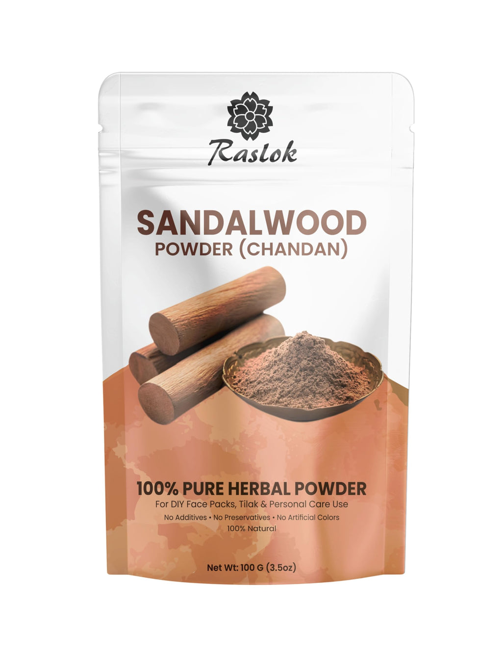 Raslok Sandalwood Powder (Chandan) – 100% Pure Herbal Powder for Face Packs, Tilak & Personal Care – Additive-Free, No Preservatives or Artificial Colors – 100 g (3.5 oz)