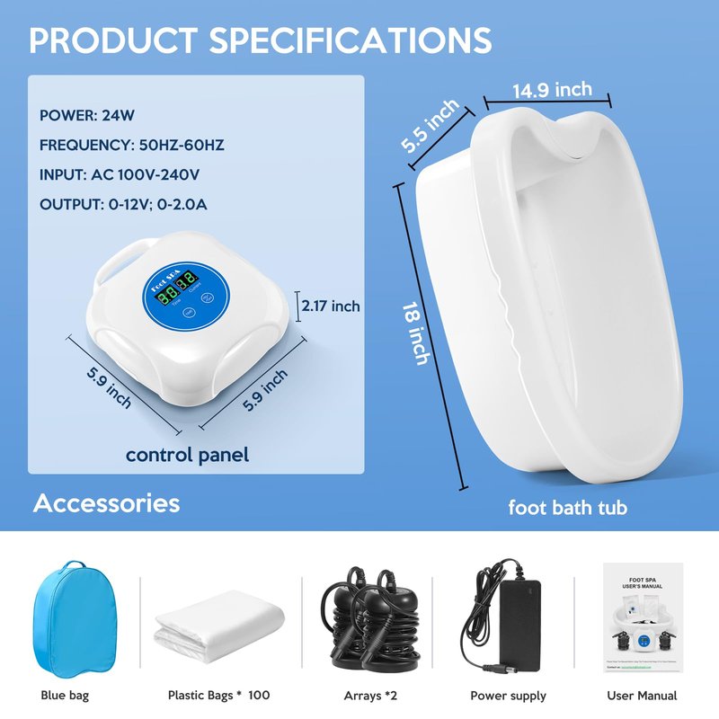 Upgrade Ionic Foot Bath Detox Machine - Ionic Detox Foot Bath, Foot Detox Machine, Touch ON/OFF, LCD & Timer for Home Use Beauty Salon (2 Arrays,100 Liners,1 Blue Bag)