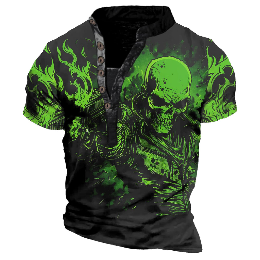 Big and Tall Henley Shirts for Men Skull Print Short Sleeve Pullover Half Button Stand Collared Casual Funny Fashion Tshirts Novelty Gym Workout Slim Fit Tunic Tops for Men,3XL